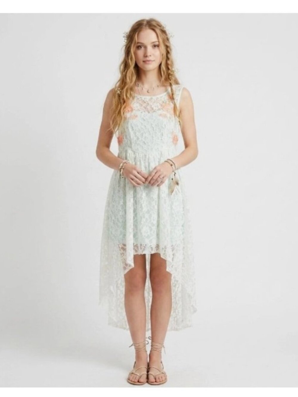 Free People Russian Nesting Doll Hi-Lo‎ Lace Dress White & Light Blue